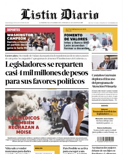 Portada Periódico Listín Diario, Jueves 31 de Octubre, 2019