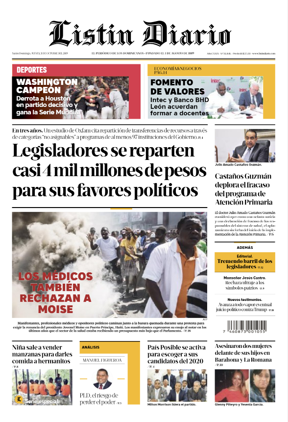 Portada Periódico Listín Diario, Jueves 31 de Octubre, 2019 Portada Periódico Listín Diario, Jueves 31 de Octubre, 2019