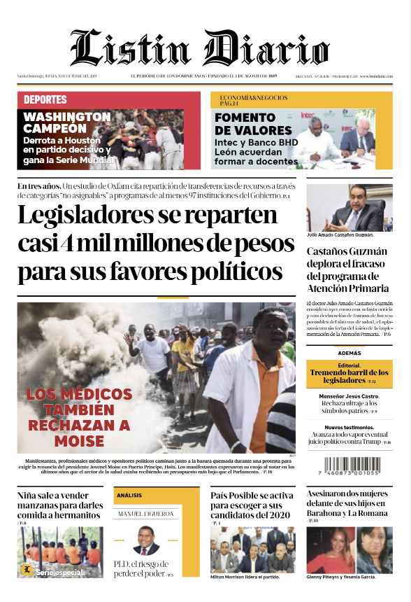 Portada Periódico Listín Diario, Jueves 31 de Octubre, 2019