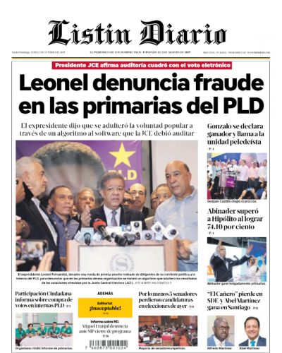 Portada Periódico Listín Diario, Lunes 05 de Octubre, 2019
