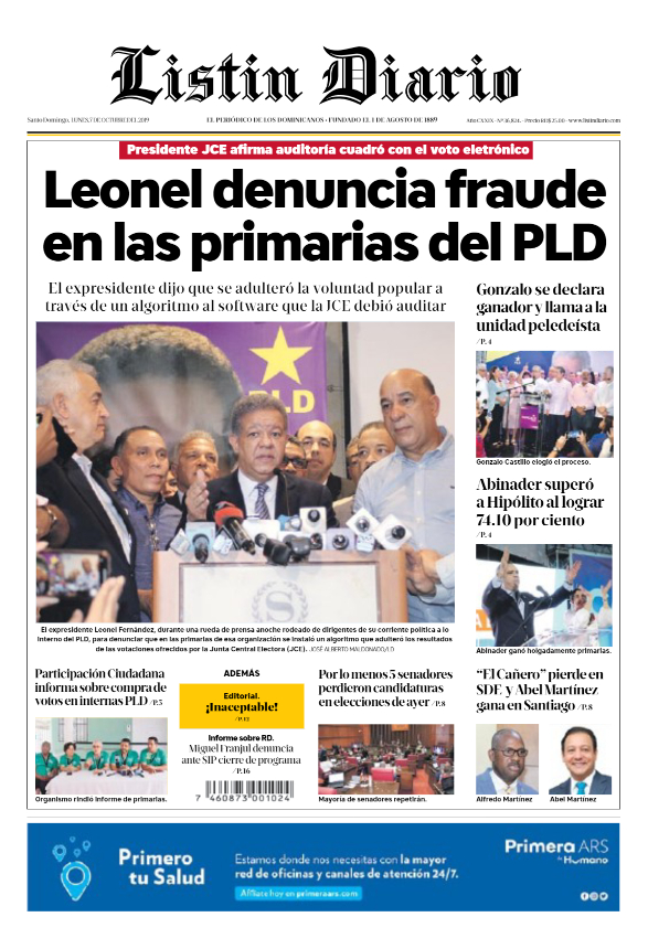 Portada Periódico Listín Diario, Lunes 05 de Octubre, 2019