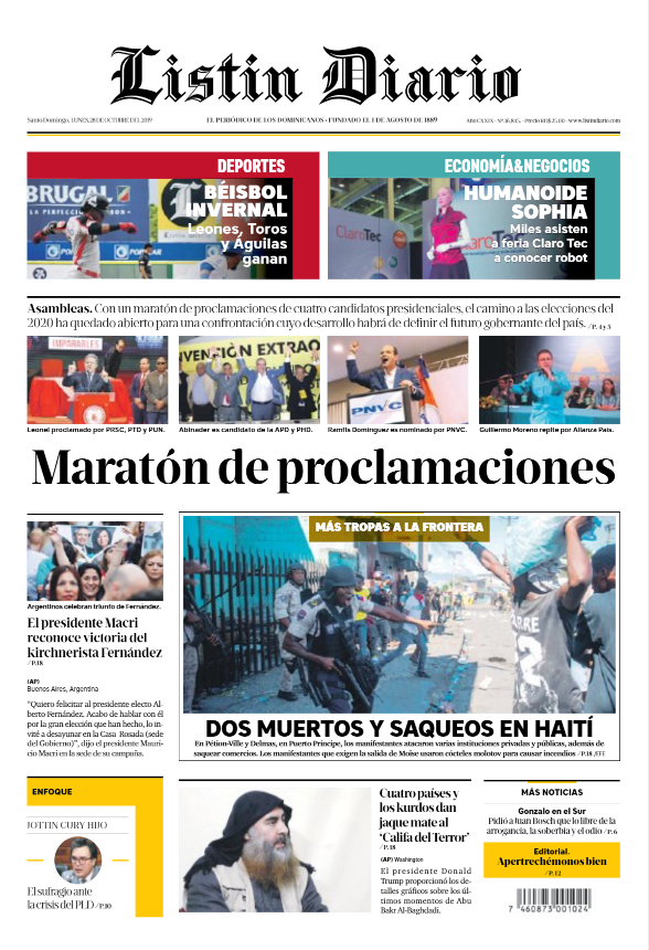Portada Periódico Listín Diario, Lunes 28 de Octubre, 2019
