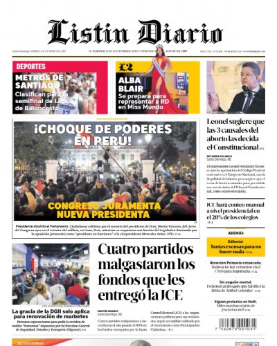 Portada Periódico Listín Diario, Martes 01 de Octubre, 2019
