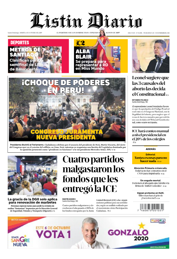 Portada Periódico Listín Diario, Martes 01 de Octubre, 2019