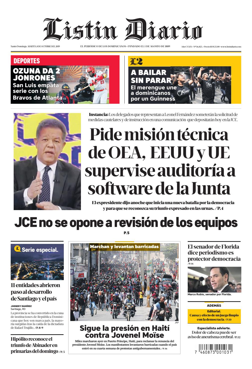 Portada Periódico Listín Diario, Martes 06 de Octubre, 2019