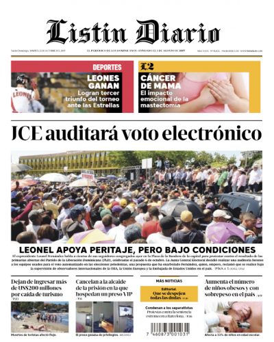 Portada Periódico Listín Diario, Martes 15 de Octubre, 2019