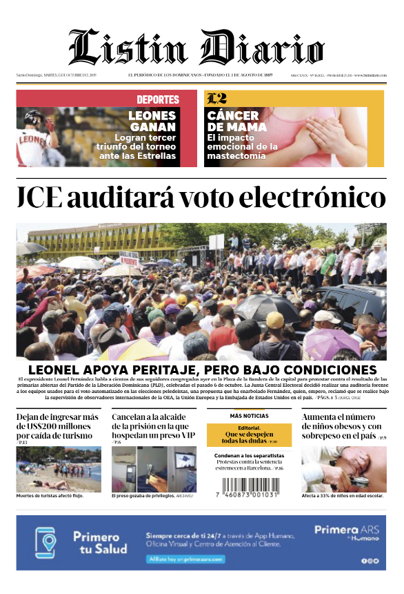Portada Periódico Listín Diario, Martes 15 de Octubre, 2019
