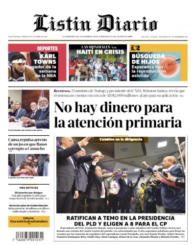 Portada Periódico Listín Diario, Martes 29 de Octubre, 2019