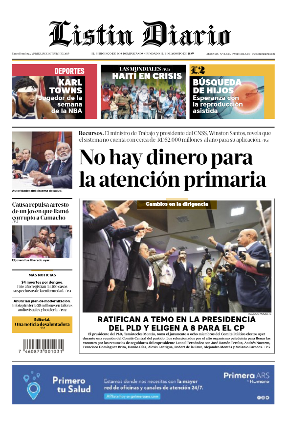 Portada Periódico Listín Diario, Martes 29 de Octubre, 2019