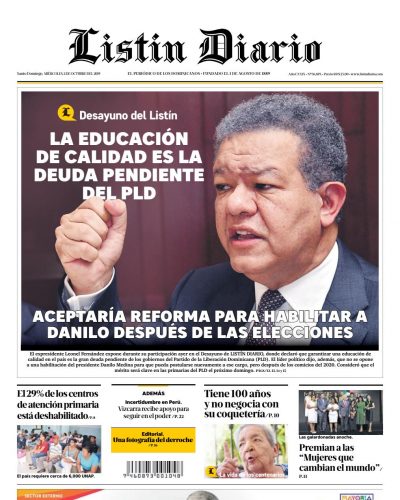 Portada Periódico Listín Diario, Miércoles 02 de Octubre, 2019
