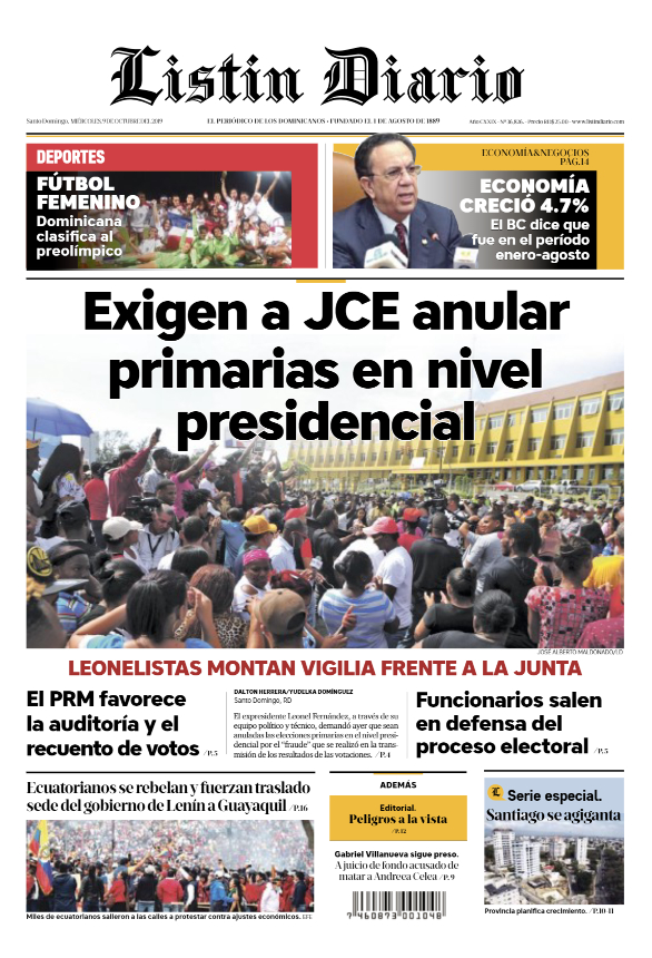 Portada Periódico Listín Diario, Miércoles 07 de Octubre, 2019