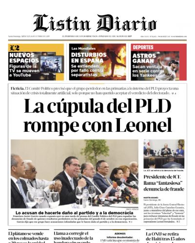 Portada Periódico Listín Diario, Miércoles 16 de Octubre, 2019