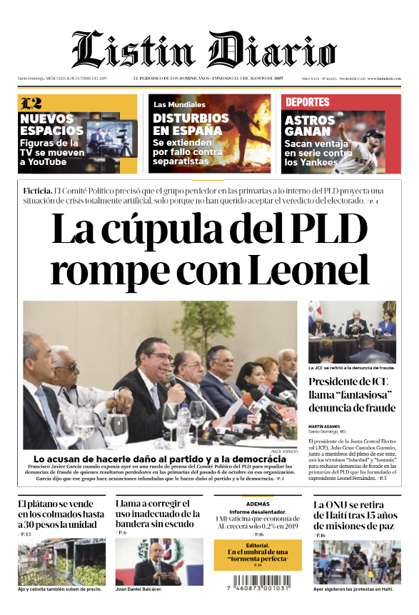 Portada Periódico Listín Diario, Miércoles 16 de Octubre, 2019