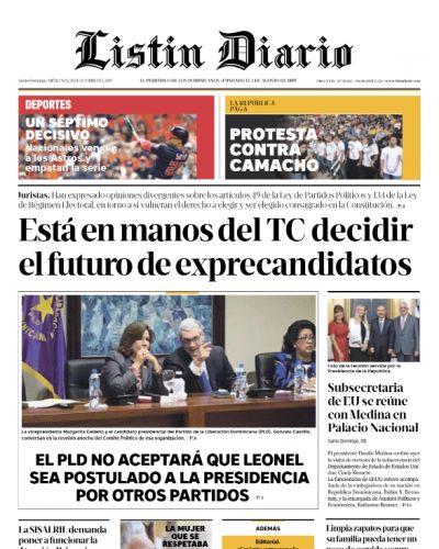 Portada Periódico Listín Diario, Miércoles 30 de Octubre, 2019
