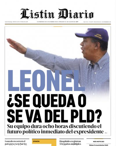 Portada Periódico Listín Diario, Sábado 12 de Octubre, 2019