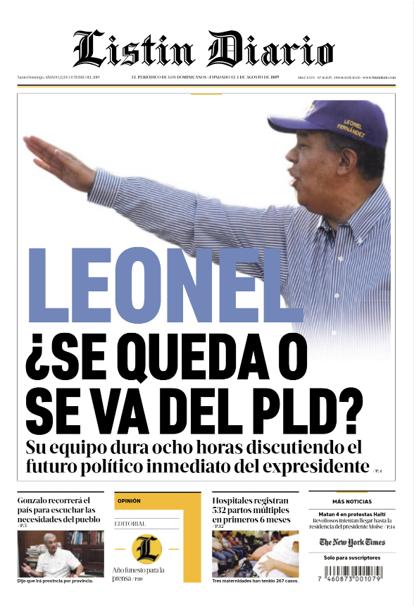 Portada Periódico Listín Diario, Sábado 12 de Octubre, 2019