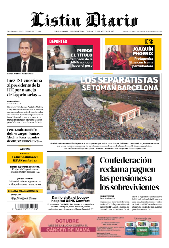 Portada Periódico Listín Diario, Sábado 19 de Octubre, 2019