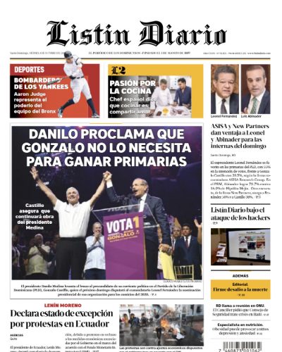 Portada Periódico Listín Diario, Viernes 04 de Octubre, 2019