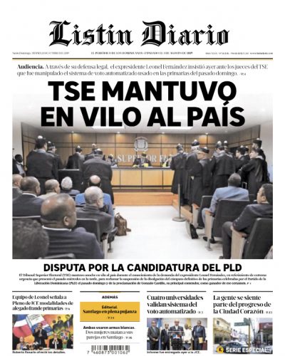 Portada Periódico Listín Diario, Viernes 09 de Octubre, 2019