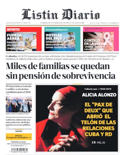 Portada Periódico Listín Diario, Viernes 18 de Octubre, 2019