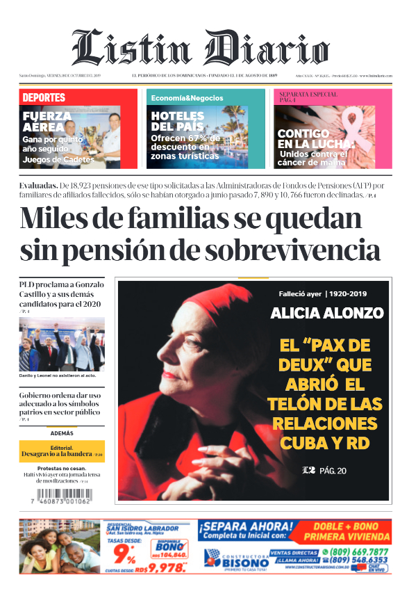 Portada Periódico Listín Diario, Viernes 18 de Octubre, 2019