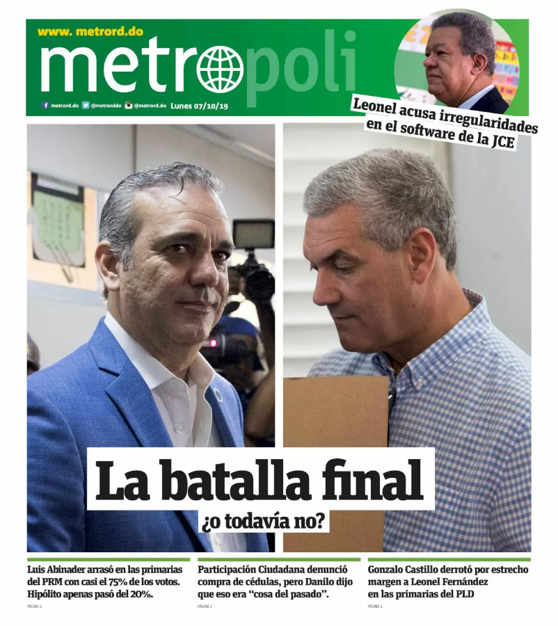 Portada Periódico Metro, Lunes 05 de Octubre, 2019