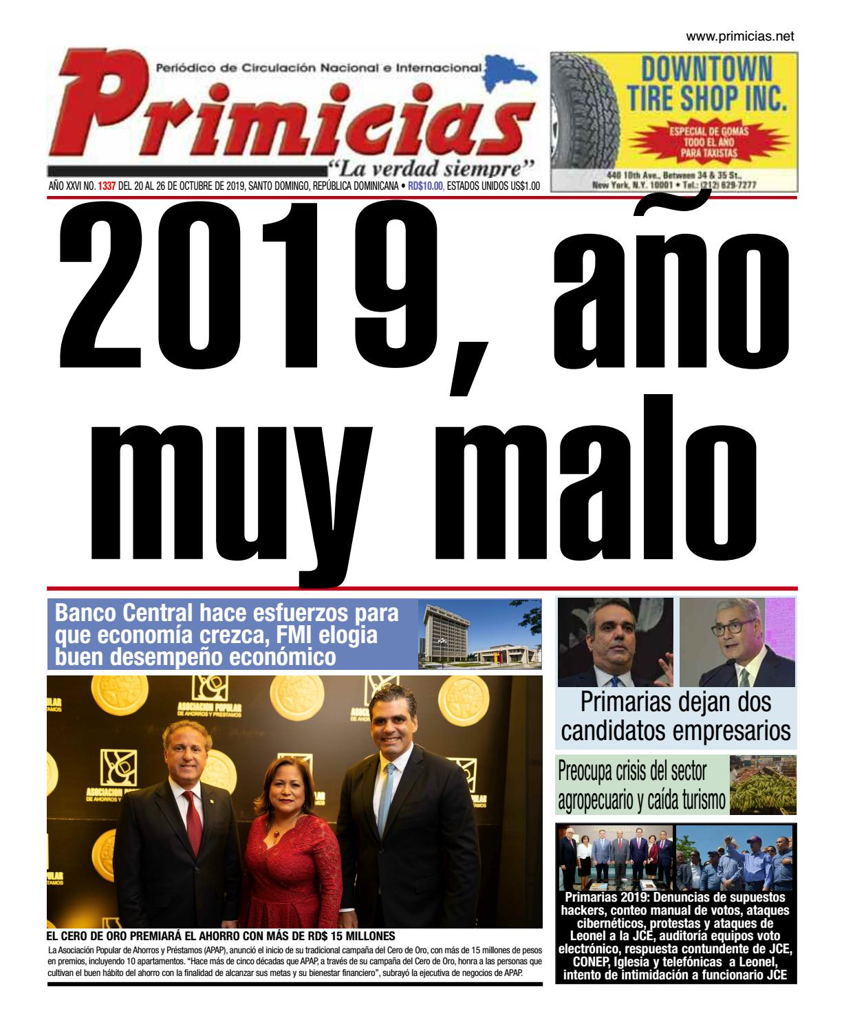 Portada Periódico Primicias, Lunes 21 de Octubre, 2019