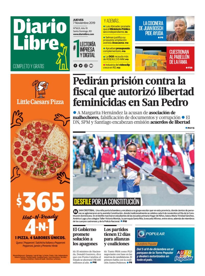 Portada Periódico Diario Libre, Jueves 07 de Noviembre, 2019