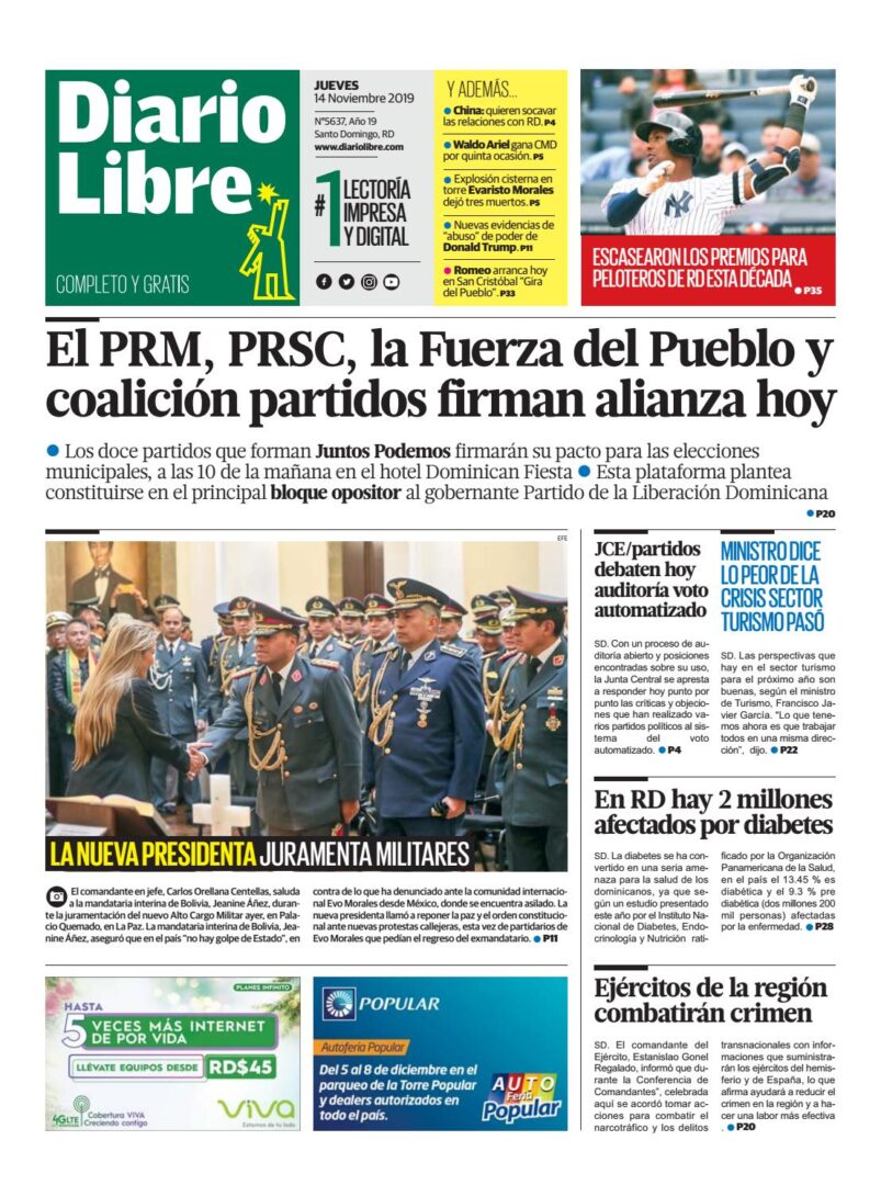 Portada Periódico Diario Libre, Jueves 14 de Noviembre, 2019