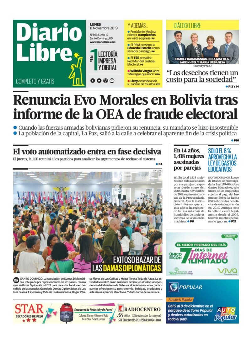 Portada Periódico Diario Libre, Lunes 11 de Noviembre, 2019
