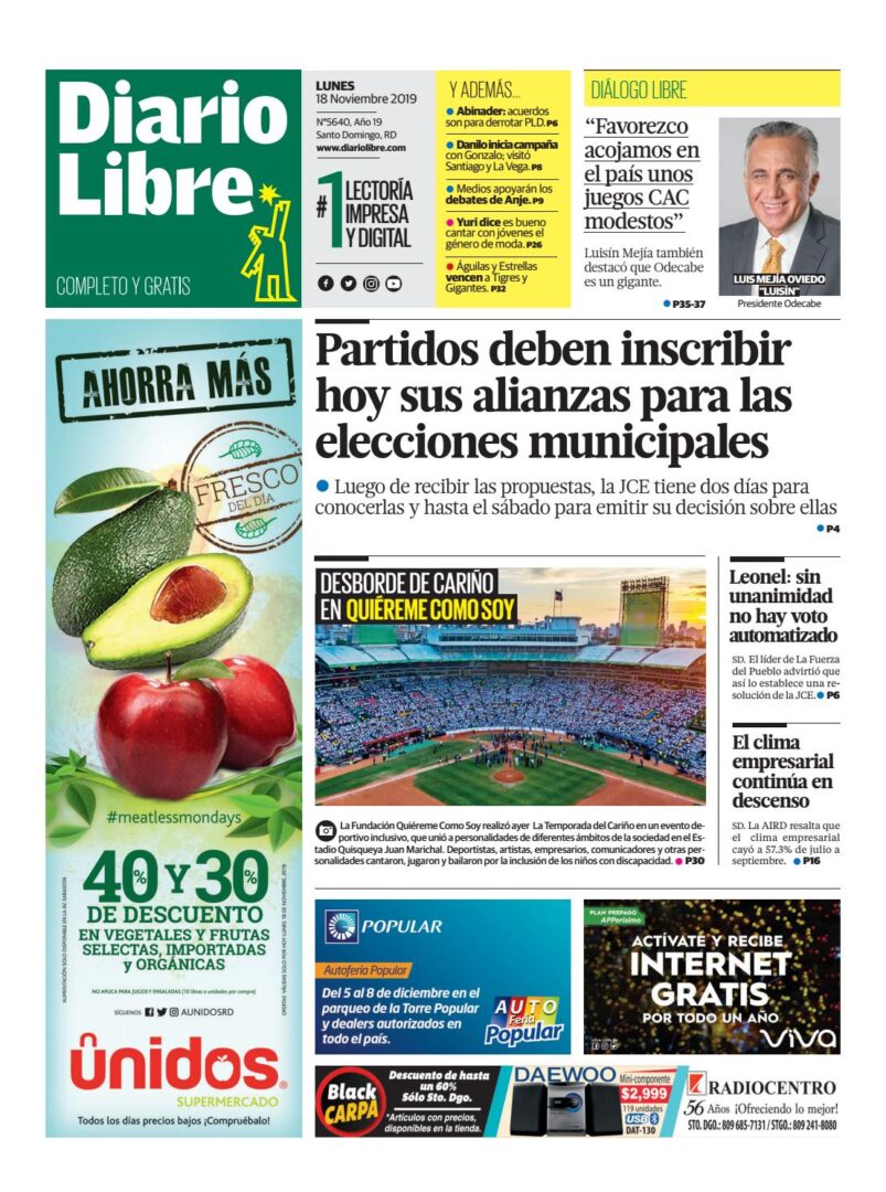 Portada Periódico Diario Libre, Lunes 18 de Noviembre, 2019