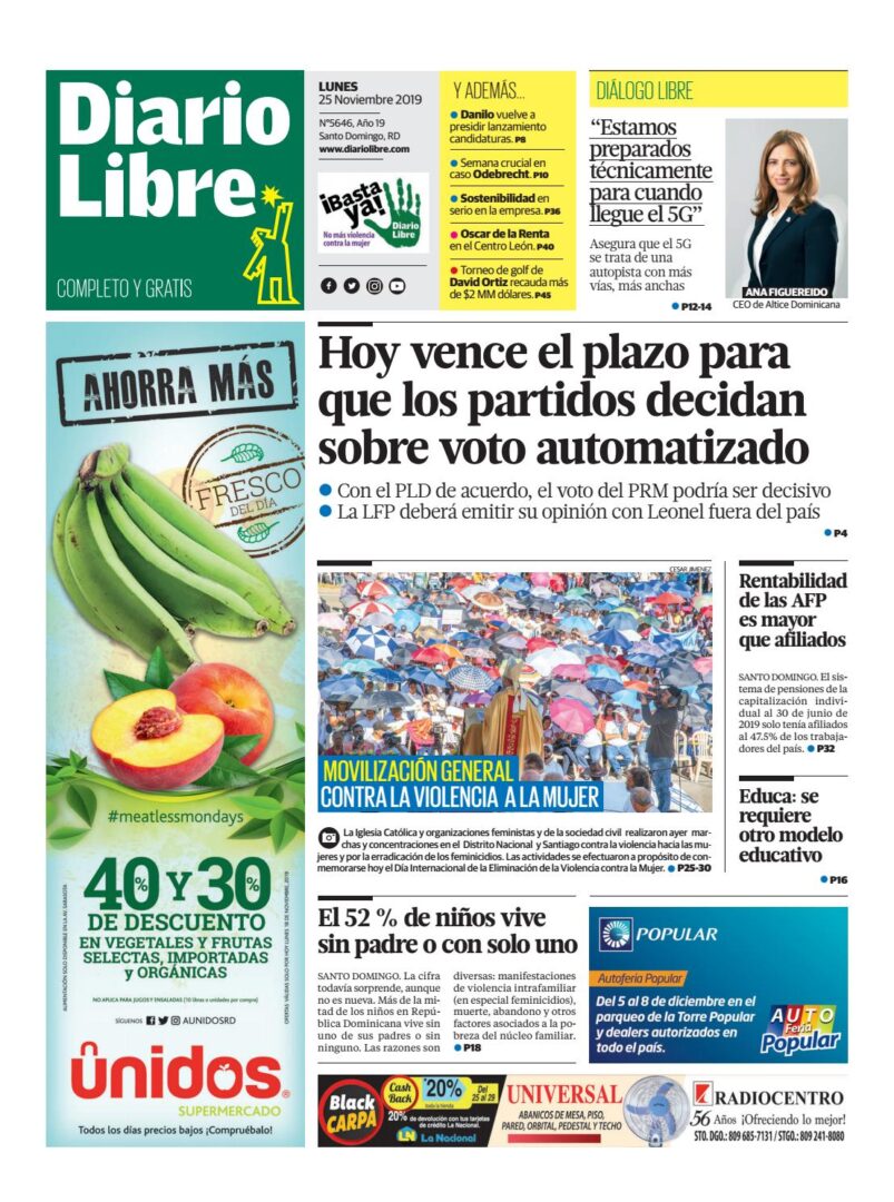Portada Periódico Diario Libre, Lunes 25 de Noviembre, 2019