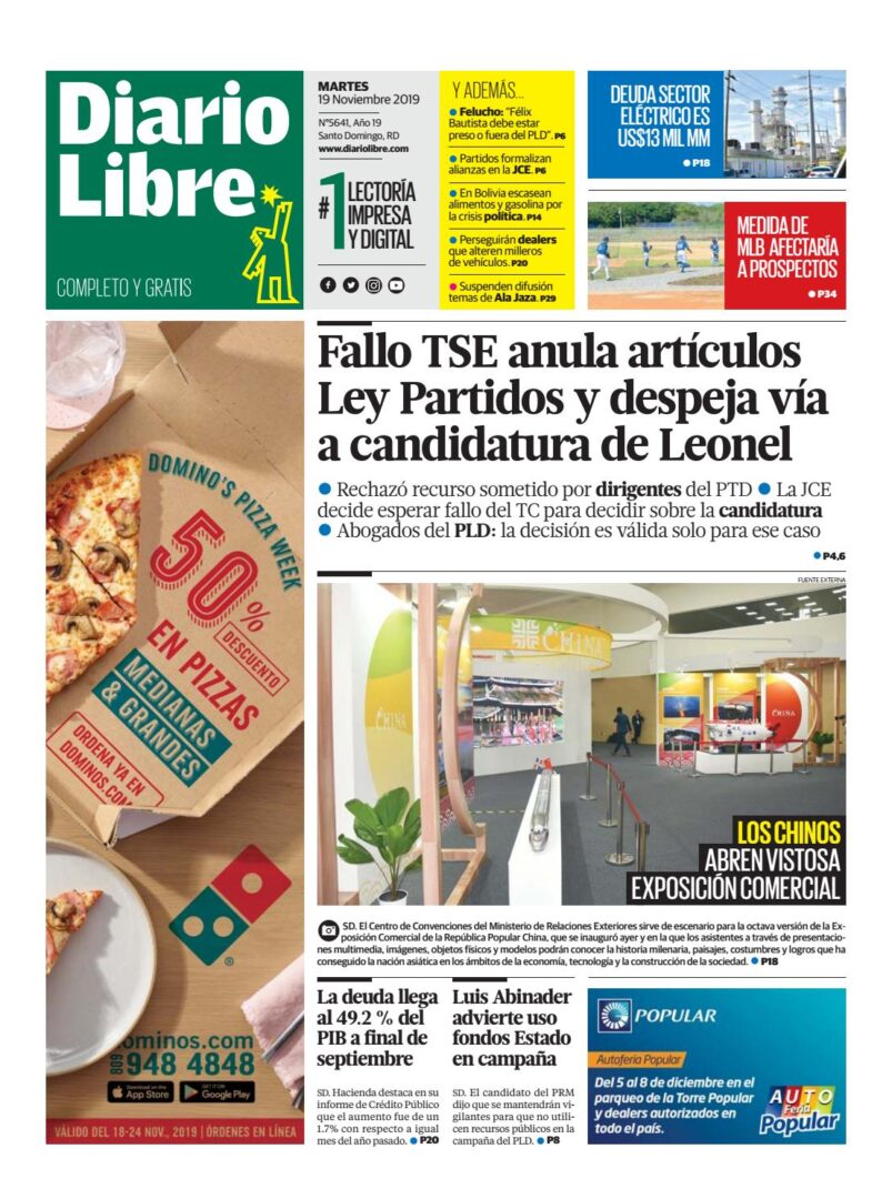 Portada Periódico El Nuevo Diario, Martes 19 de Noviembre, 2019
