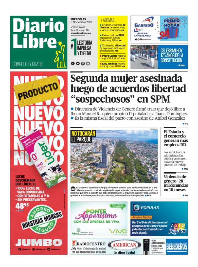 Portada Periódico Diario Libre, Miércoles 06 de Noviembre, 2019