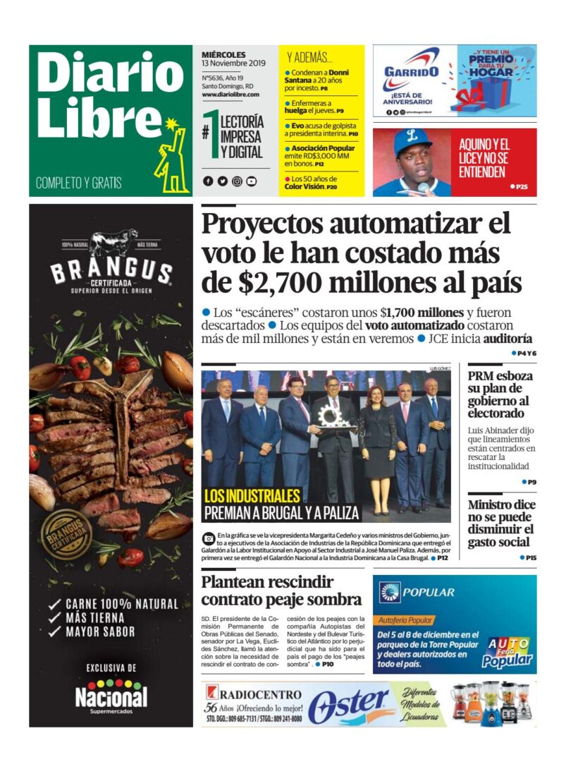 Portada Periódico Diario Libre, Miércoles 13 de Noviembre, 2019