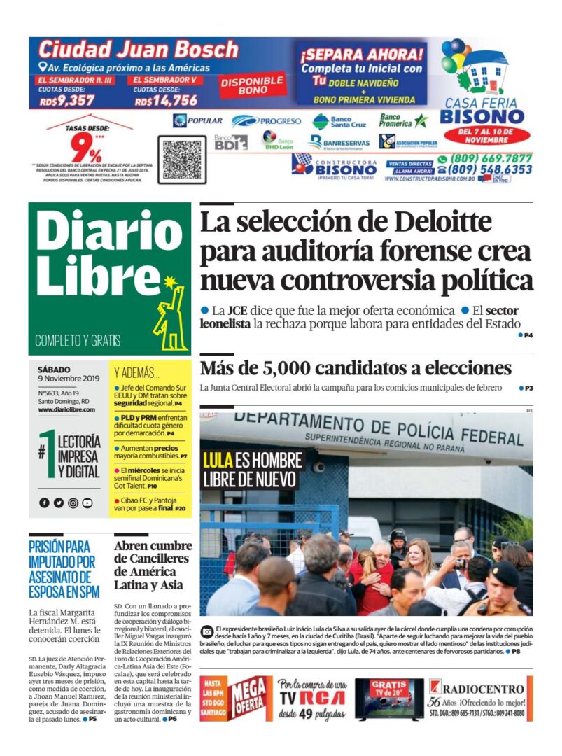 Portada Periódico Diario Libre, Sábado 09 de Noviembre, 2019
