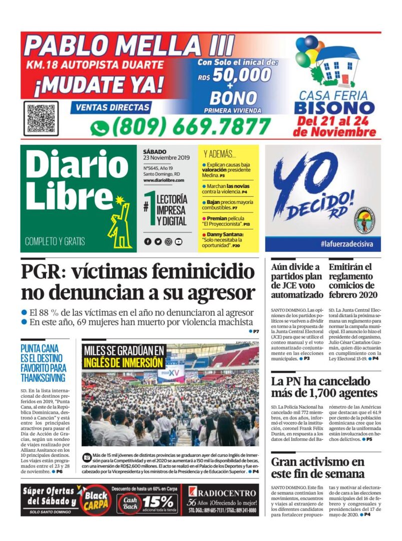 Portada Periódico Hoy, Sábado 23 de Noviembre, 2019
