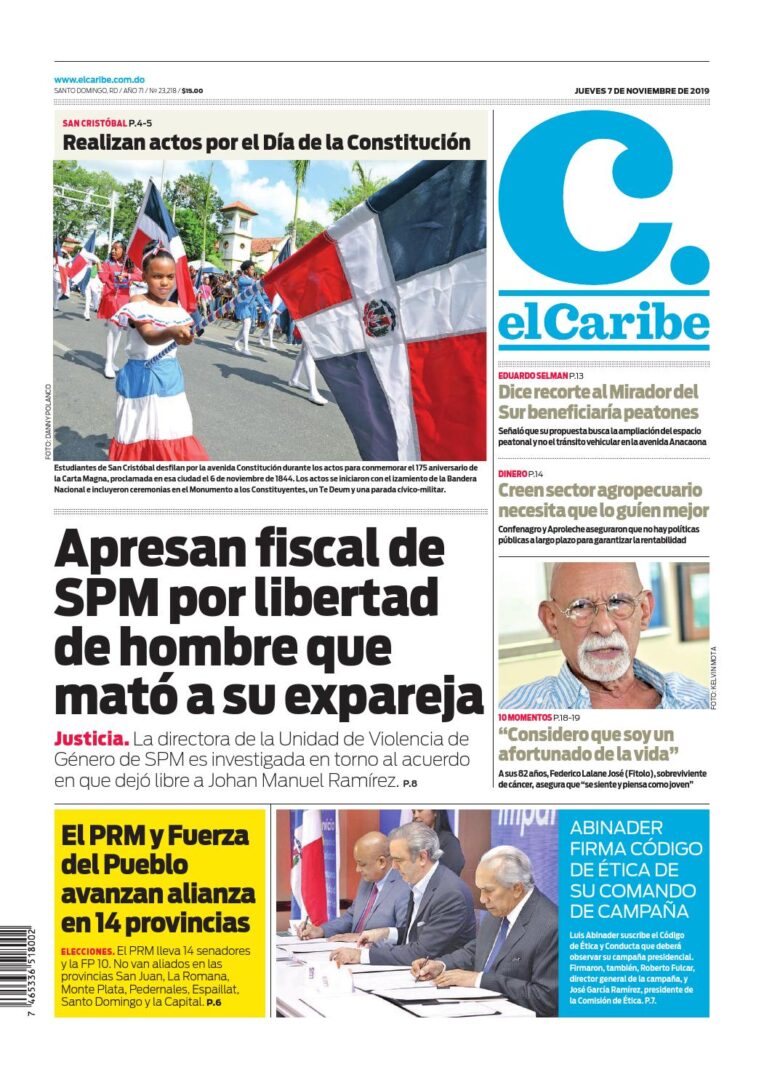 Portada Periódico El Caribe, Jueves 07 de Noviembre, 2019