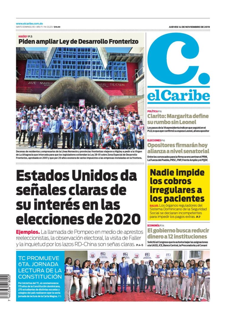 Portada Periódico El Caribe, Jueves 14 de Noviembre, 2019