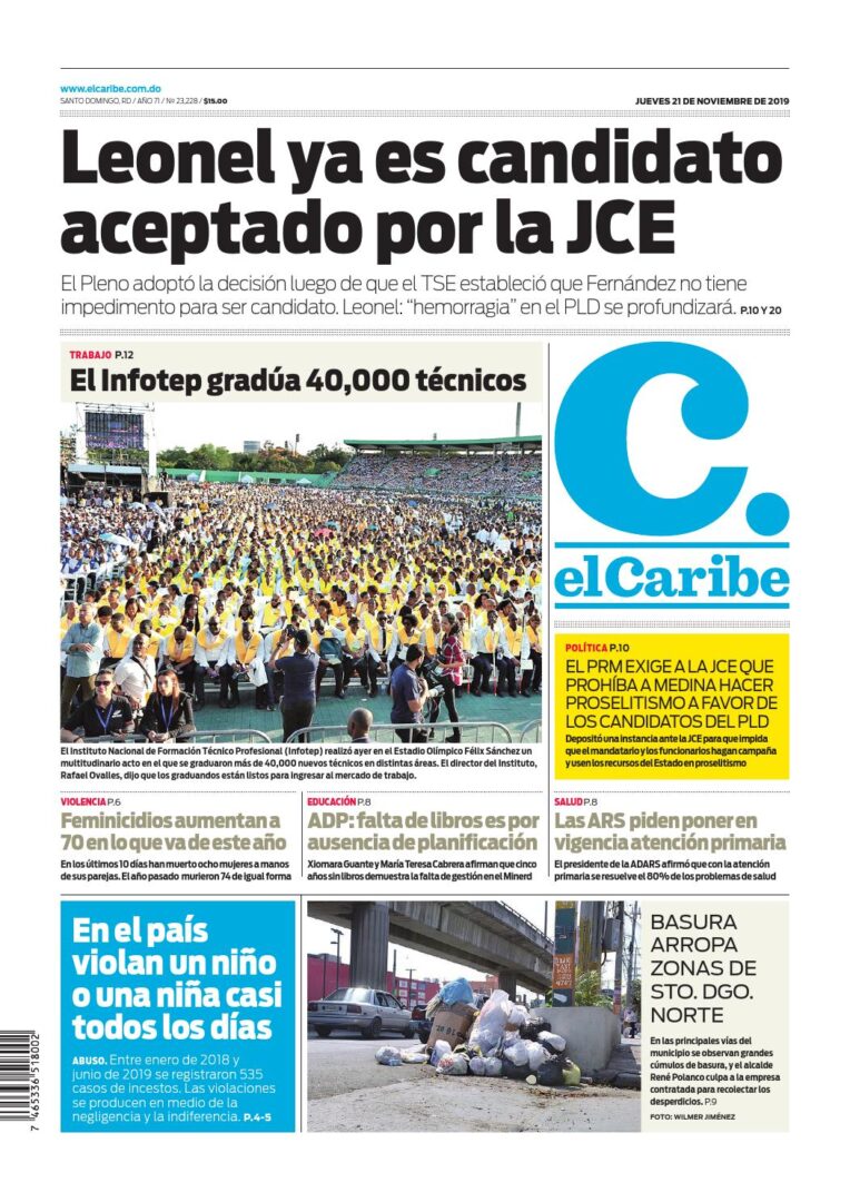 Portada Periódico El Caribe, Jueves 21 de Noviembre, 2019