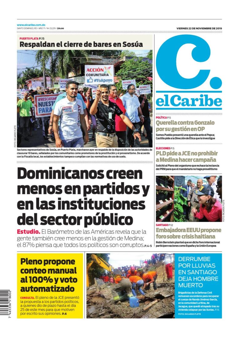 Portada Periódico El Caribe, Jueves 22 de Noviembre, 2019