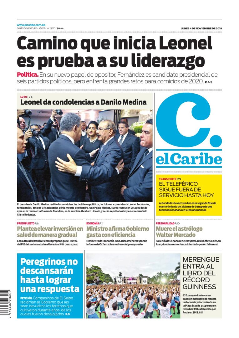 Portada Periódico El Caribe, Lunes 04 de Noviembre, 2019