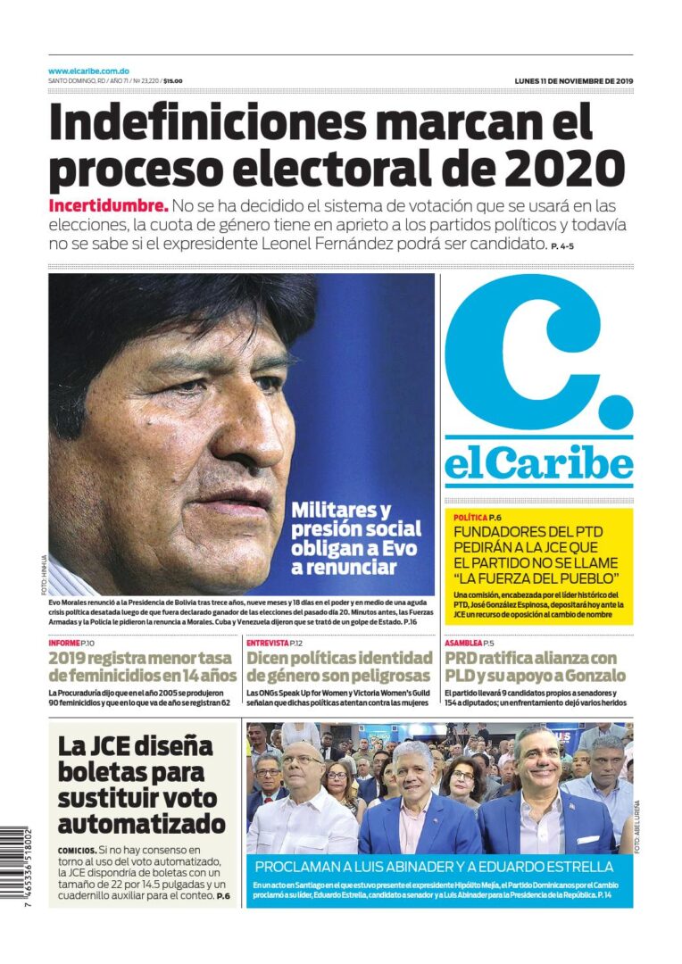 Portada Periódico El Caribe, Lunes 11 de Noviembre, 2019