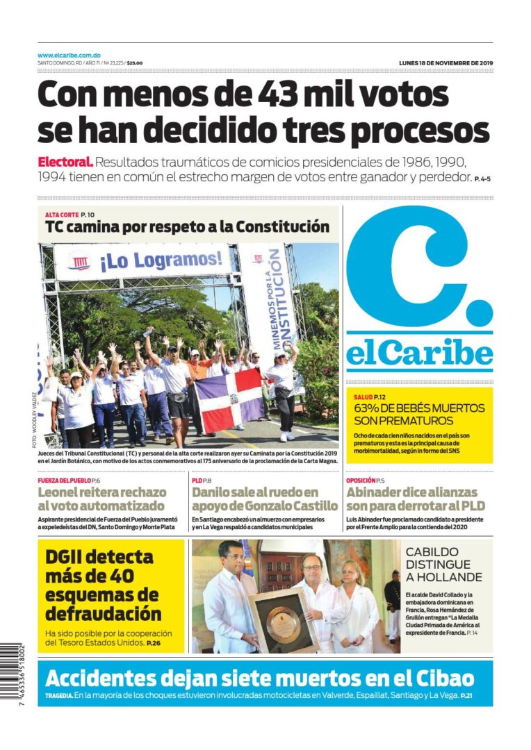 Portada Periódico El Caribe, Lunes 18 de Noviembre, 2019