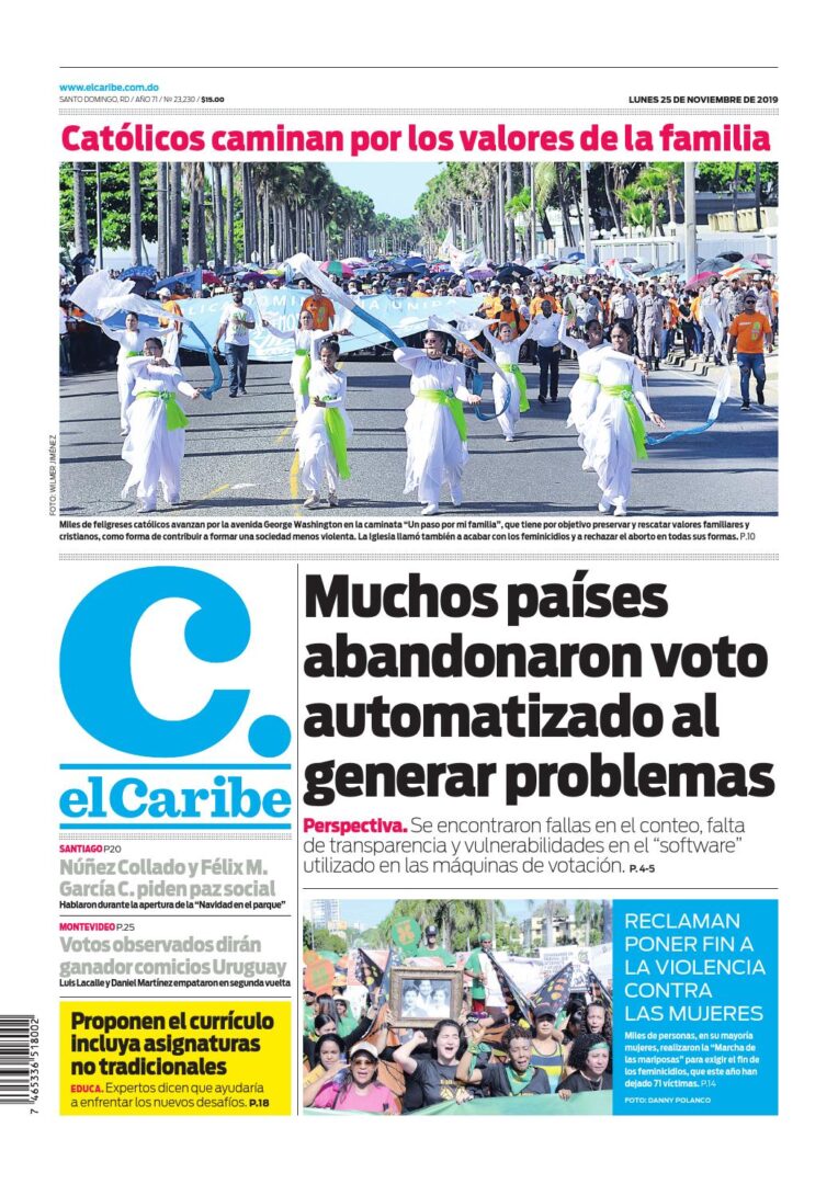 Portada Periódico El Caribe, Lunes 25 de Noviembre, 2019