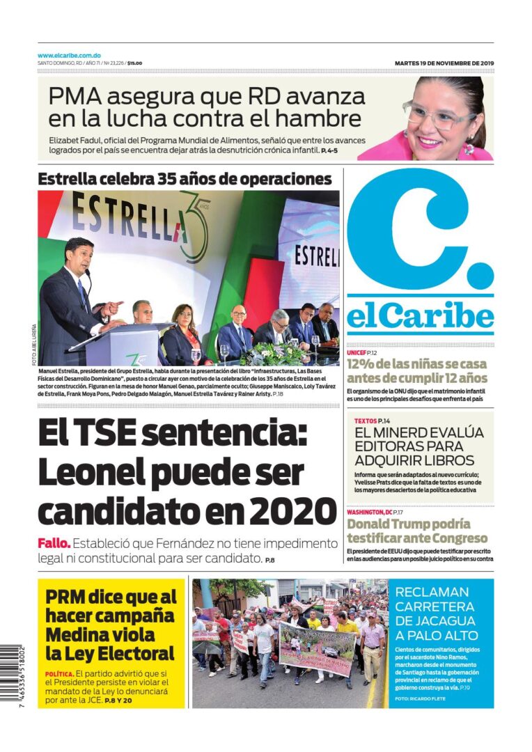 Portada Periódico El Caribe, Martes 19 de Noviembre, 2019