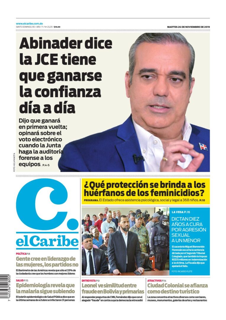 Portada Periódico El Caribe, Martes 26 de Noviembre, 2019