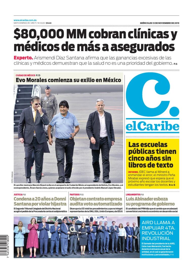 Portada Periódico El Caribe, Miércoles 13 de Noviembre, 2019