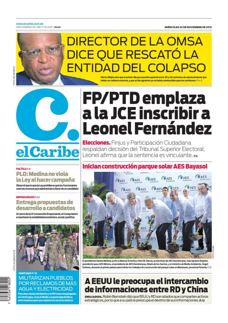 Portada Periódico El Caribe, Miércoles 20 de Noviembre, 2019