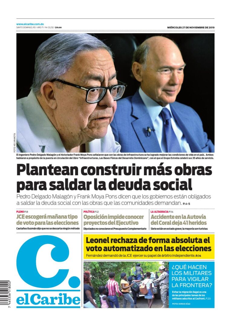 Portada Periódico El Caribe, Miércoles 27 de Noviembre, 2019